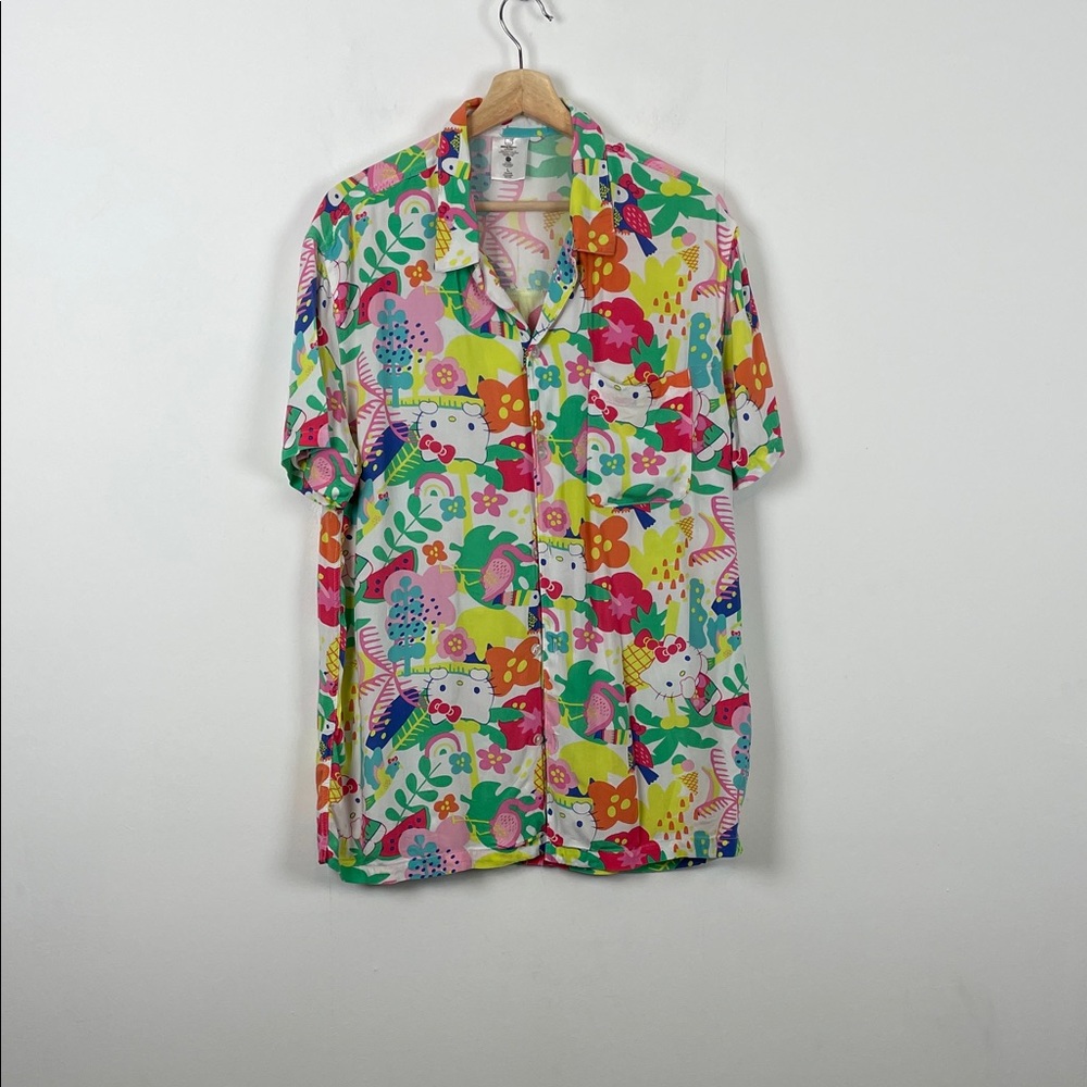 Hello Kitty Sanrio Hawaiian Short Sleeve Button Down Colorful  Men's L Shirt